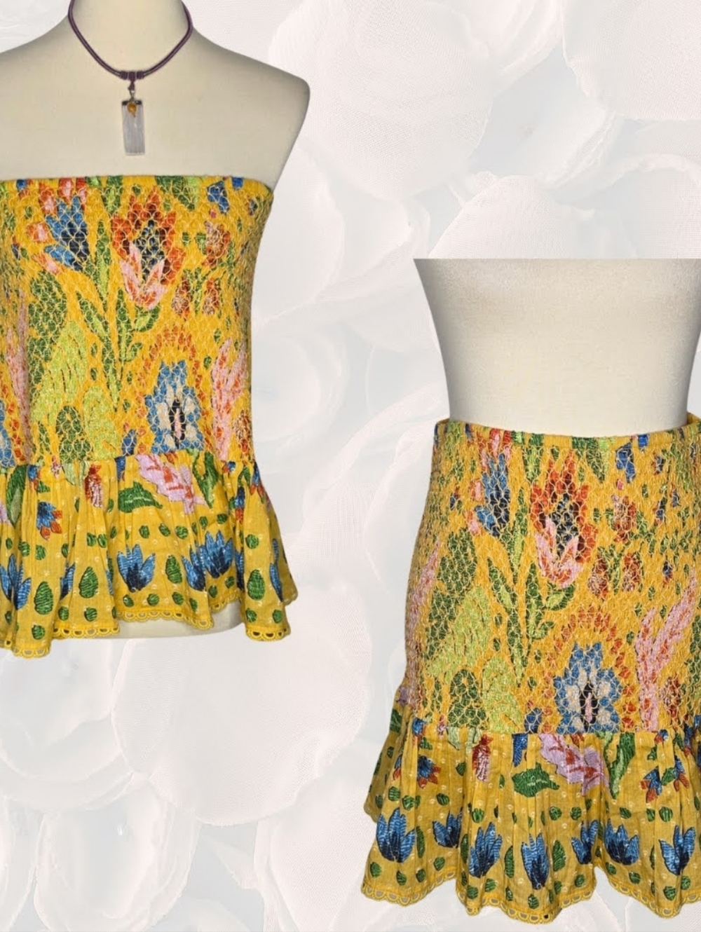 FARM Rio Yellow Tropical Smocked Mini Skirt Ruffle Hem Size S
